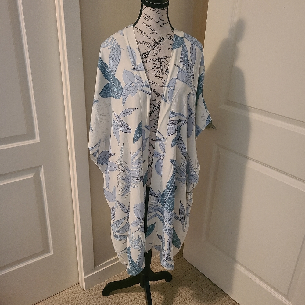 Roots Blue and White Leaf Print Swim Coverup